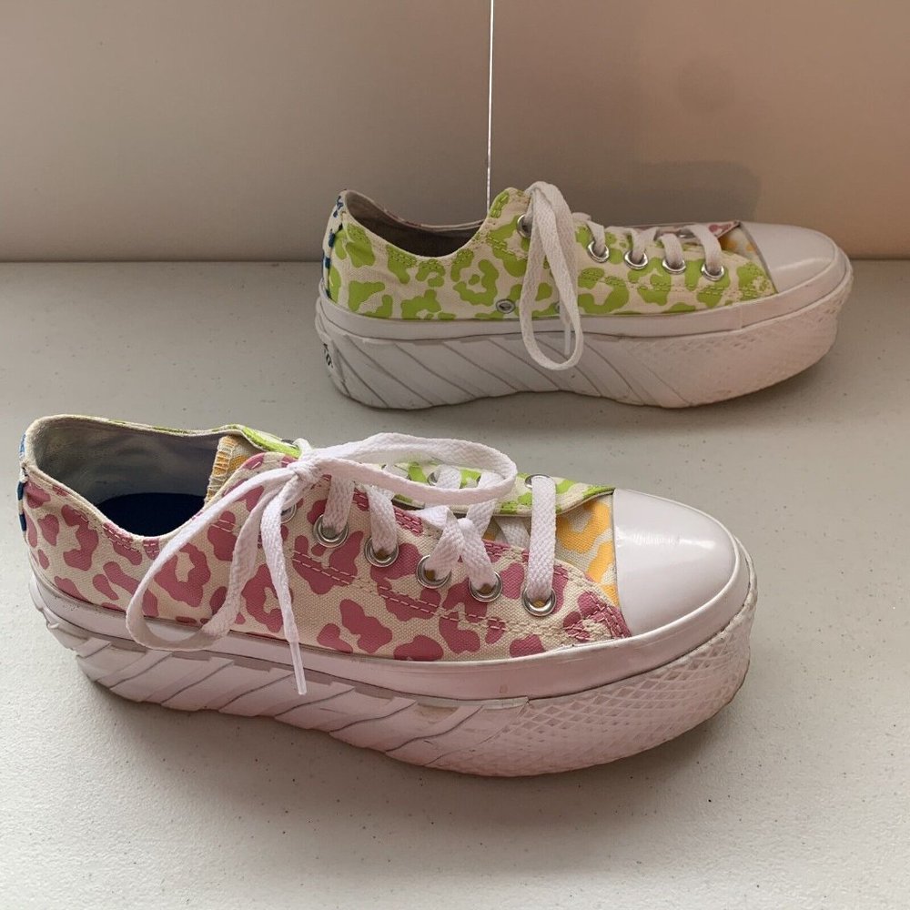 Converse All Star Womens 6.5 White Rainbow Leopard Print Low Platform Sneakers - Picture 5 of 8